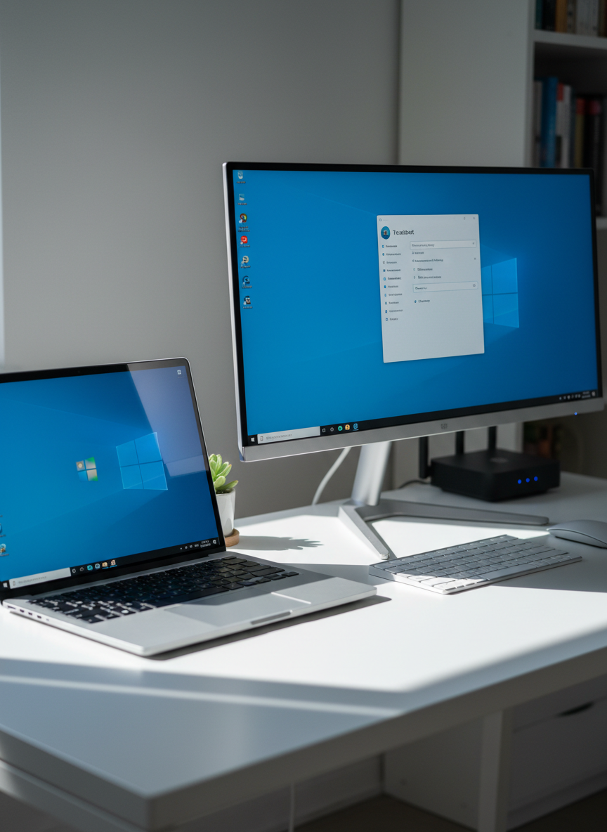 A sleek modern Windows laptop with a vivid blue Windows desktop screen, positioned open on a clean white workstation beside a minimalist, matte-silver monitor showing a clear Windows Settings window with troubleshooting options. The desk is surrounded by subtle tech accessories like a wireless keyboard, mouse, and a slim black router with glowing status lights. Cool, diffused daylight from an unseen window creates soft reflections on the brushed aluminum surfaces and casts gentle shadows, suggesting a calm, organized workspace. Photographic realism with an eye-level composition and shallow depth of field keeps the laptop and Windows interface in crisp focus while the background softly blurs, conveying reliable, professional 24/7 Windows support.